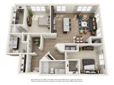 Floor plan for 2 beds, 2 baths, 1387 sqft
